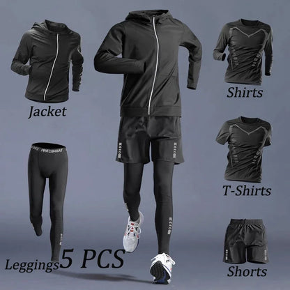 Autumn 5-7 Pcs Men’s Sports Suit Running Training Wear Quick Dry Fitness Cycling Sportswear Outwear - Ke 5 PCS / M