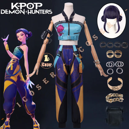 Anime Movie KPop Demon Hunters Zoey Cosplay Costume Uniform Huntrix Rings Earrings Festival Halloween Party for Women Girls Prop