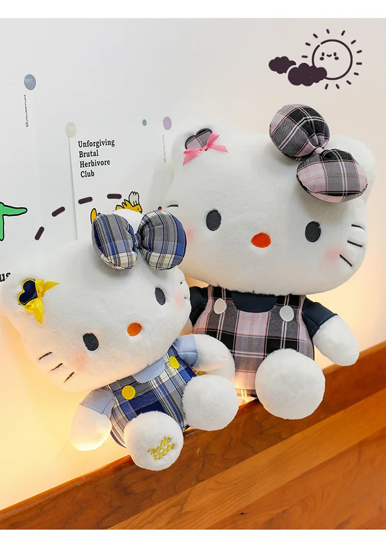 Sanrio Hello Kitty Plush Toy Retro Plaid Skirt Kitty Doll Stuffed Animal Creative Gift for Kids Birthday Christmas Girls Pillow