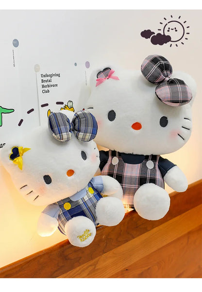 Sanrio Hello Kitty Plush Toy Retro Plaid Skirt Kitty Doll Stuffed Animal Creative Gift for Kids Birthday Christmas Girls Pillow