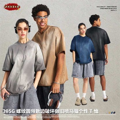 ZODF Retro Summer Men Washed 100% Cotton T-Shirts Unisex High Street Oversized Distressed Broken Neck T Shirt Brand Tees HY1050