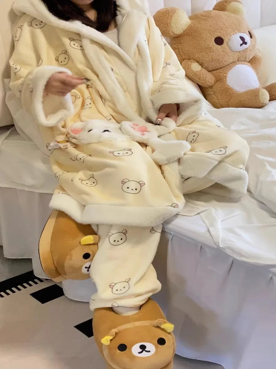 Rilakkuma Women'S Fleece-Lined Thickened Robe Coral Fleece Flannel Hooded Home Clothes Warm Nightgowns Casual Wear For Going Out