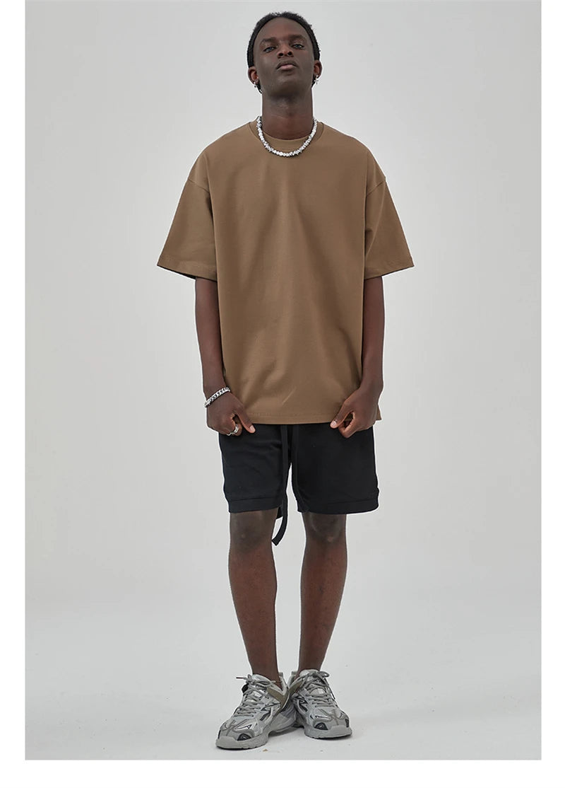 ZODF New 2025 Heavy Weight Summer Solid T Shirts For Men Unisex High Street Oversized 385gsm Cotton T-Shirt Streetwears HY0497