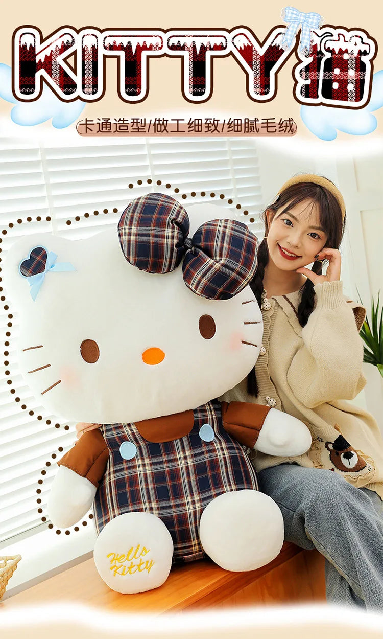 Sanrio Hello Kitty Plush Toy Retro Plaid Skirt Kitty Doll Stuffed Animal Creative Gift for Kids Birthday Christmas Girls Pillow