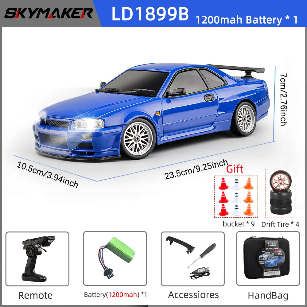 Skymaker LDRC 1/18 RC Drift Car LD1899 GTR Mode R34 2.4GHz RWD with Gyroscope on-Road Alloy Body Shell Racing Car for Boys Gifts