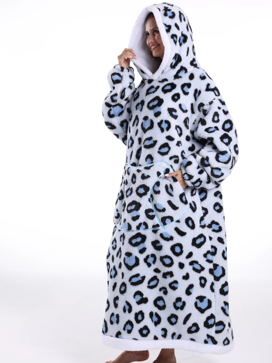 Winter Hoodies Women Men Clothes Blue Leopard Sweatshirt Korean Style Pullover Fleece Giant Oversized Blanket with Long Sleeves