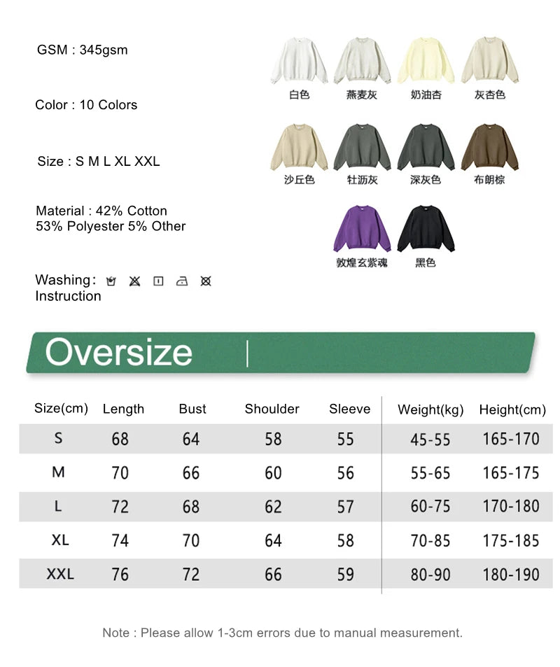 ZODF 2024 Winter Men 345gsm Fleece Sweatshirts Unisex Women Casual Loose Warm Solid O-Neck Pullovers Streetwears HY0865