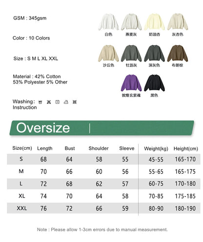 ZODF 2024 Winter Men 345gsm Fleece Sweatshirts Unisex Women Casual Loose Warm Solid O-Neck Pullovers Streetwears HY0865