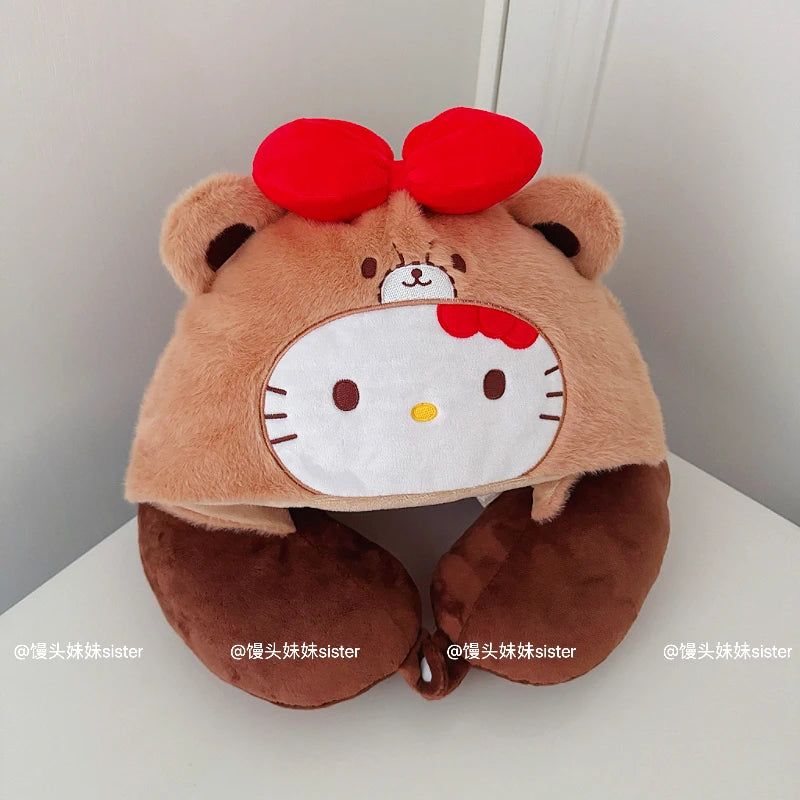 Kawaii Hello Kitty Neck Support Pillow with Hat Soft Plush Travel U-Shaped Pillow Nap Sleeping Cartoon Comfortable Journeys Girl