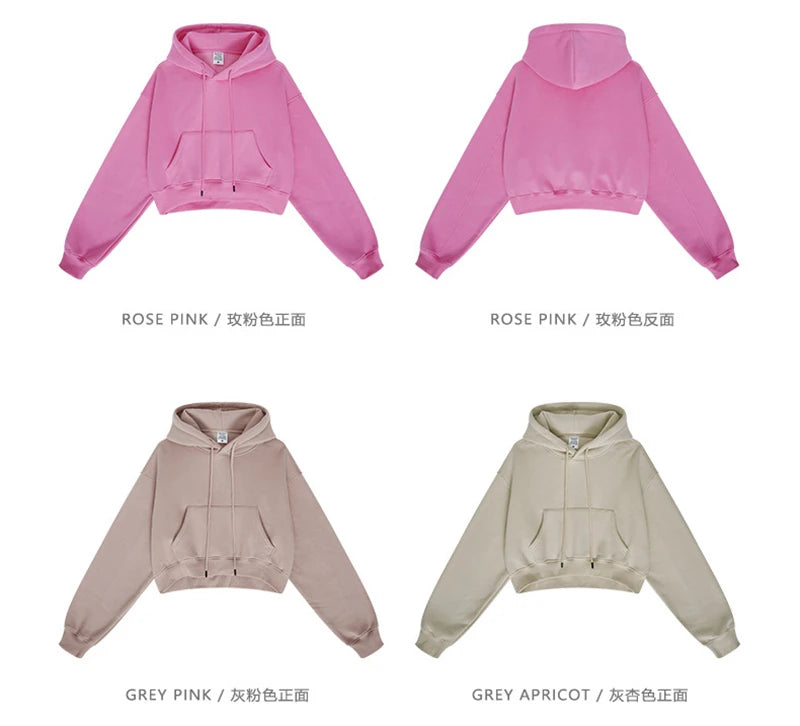 ZODF Chic Sexy Women Super-short Fleece Cropped Hoodies Girl Female Hip Hop Loose 345gsm Solid Hooded Pullover Streetwear HY0340