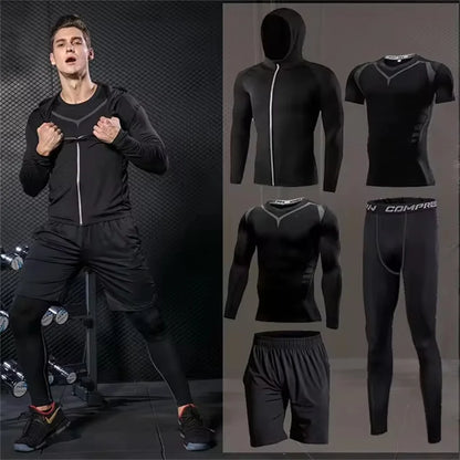 Men Sportswear Compression Quick Dry Running Sets Joggers Training Gym Fitness Tracksuits - Brown / L