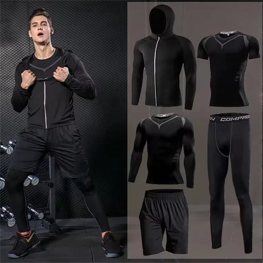 Men Sportswear Compression Quick Dry Running Sets Joggers Training Gym Fitness Tracksuits - Brown / L