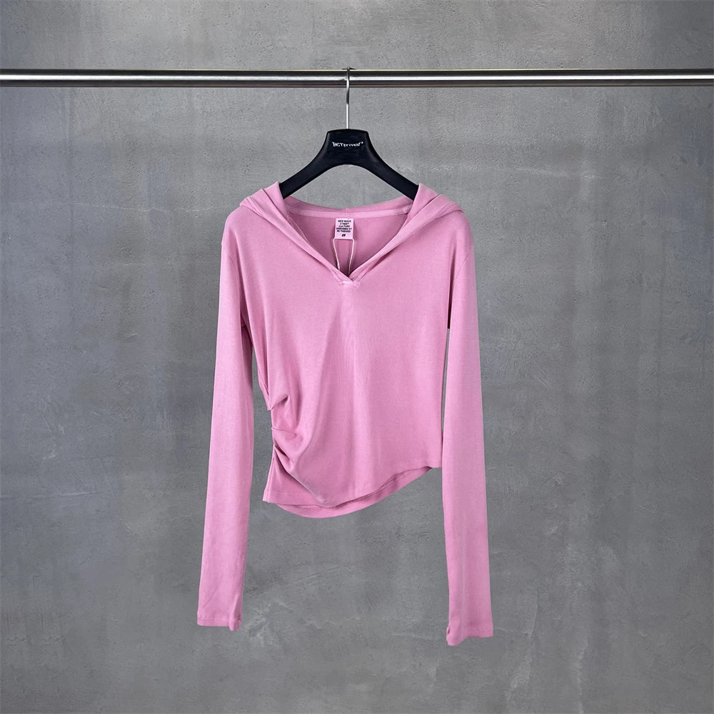 ZODF Sexy Women Autumn Washed 275gsm Hooded T Shirt Ladies Girls Slim Fit Distressed Side Pleated T-Shirts Tees HY1149