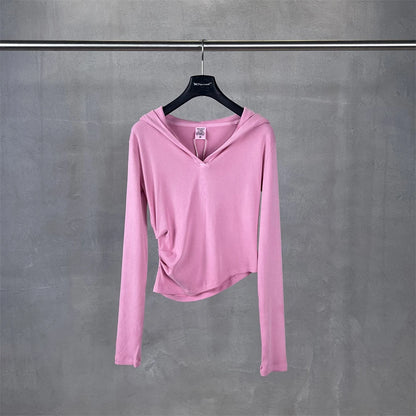 ZODF Sexy Women Autumn Washed 275gsm Hooded T Shirt Ladies Girls Slim Fit Distressed Side Pleated T-Shirts Tees HY1149