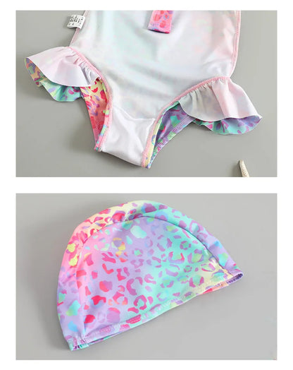 Toddler Girls Swimsuit with Sun Hat Set 1 to 2 3 4 5 6 Years Leopard Ruffle Sleeve Zip Up One-pieced Swimwear Beachwear for Baby