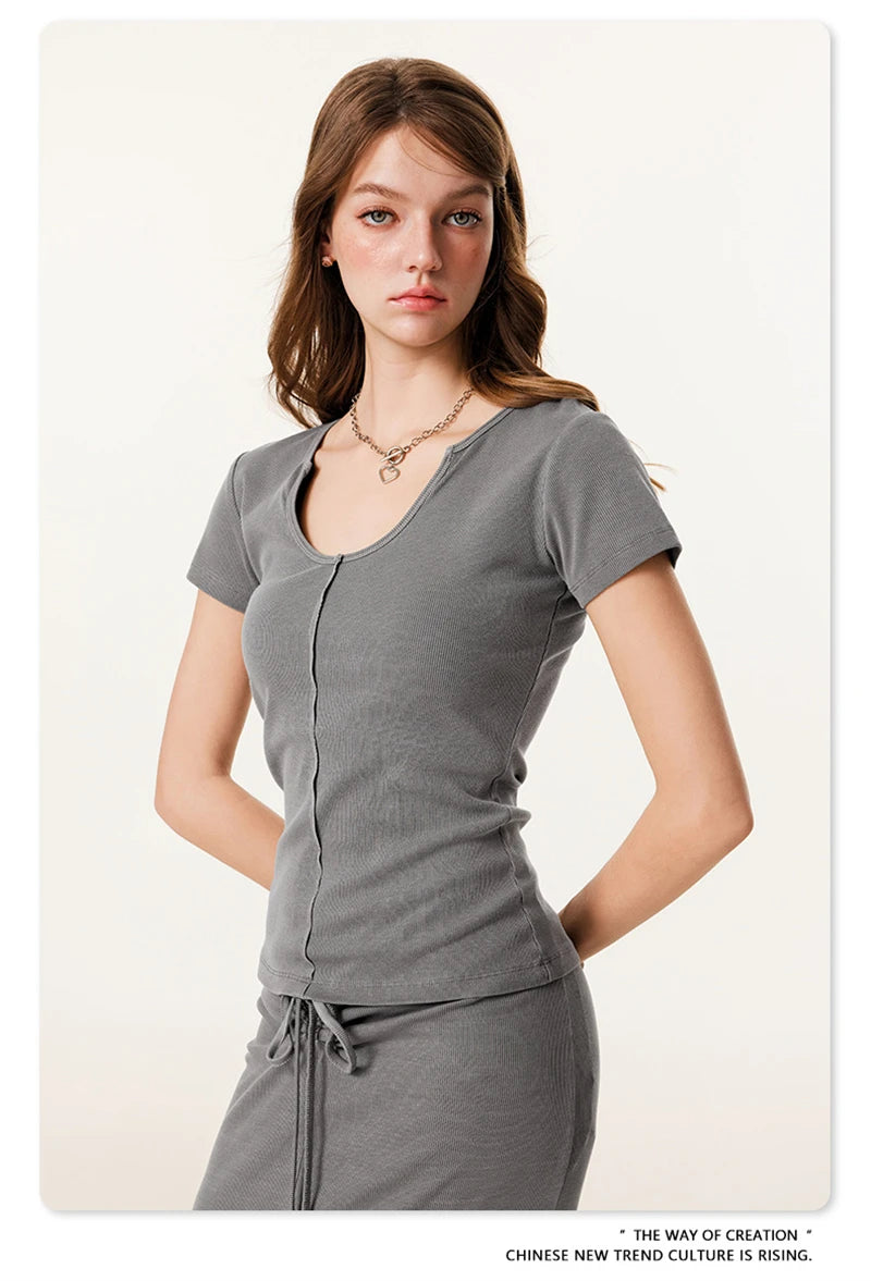 ZODF Women Retro 2025 Summer 275gsm U Collar Washed T-Shirts Hotsweet Girls Sexy Slim Fit T Shirt Brand Tees HY0992