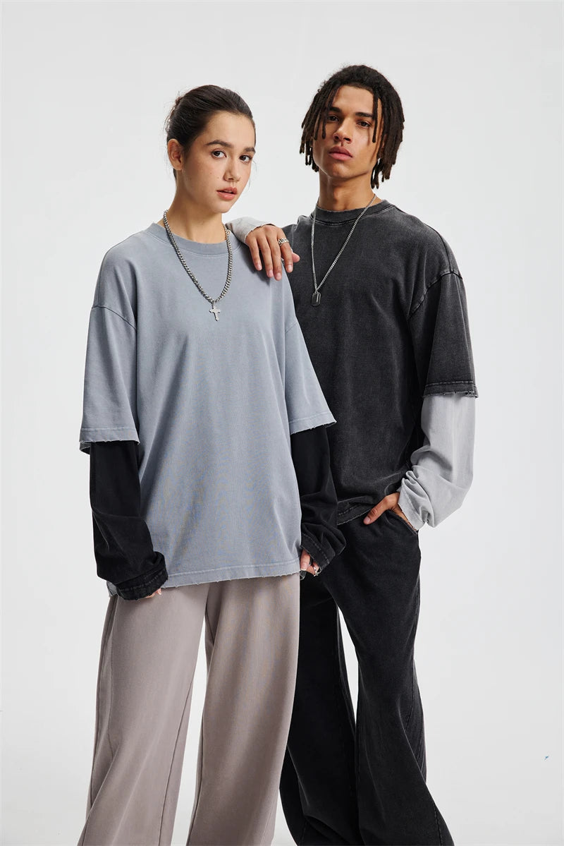 ZODF Retro Fake 2-Piece Cotton T-Shirts For Man Unisex Distressed Full Sleeve Washed O Neck T Shirt Brand Tees HY1156