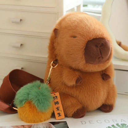 High Quality Fluffy Capybara Plush Bag Furry Stuffed Animal Capybara Soft Shoulder Bag with Cute Fruit Charm Decor for Girl