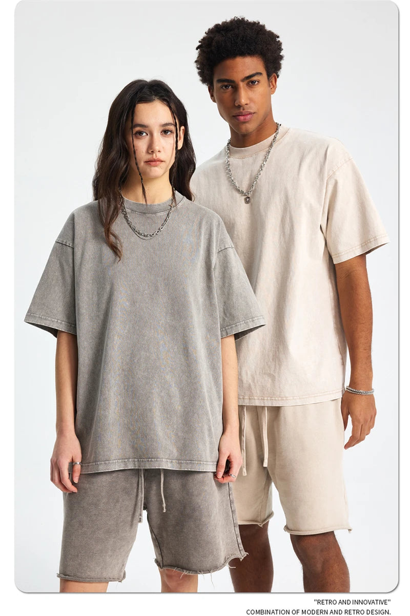 ZODF 2025 High Street Summer Washed Cotton Unisex Loose Retro Solid T-Shirt HY0113
