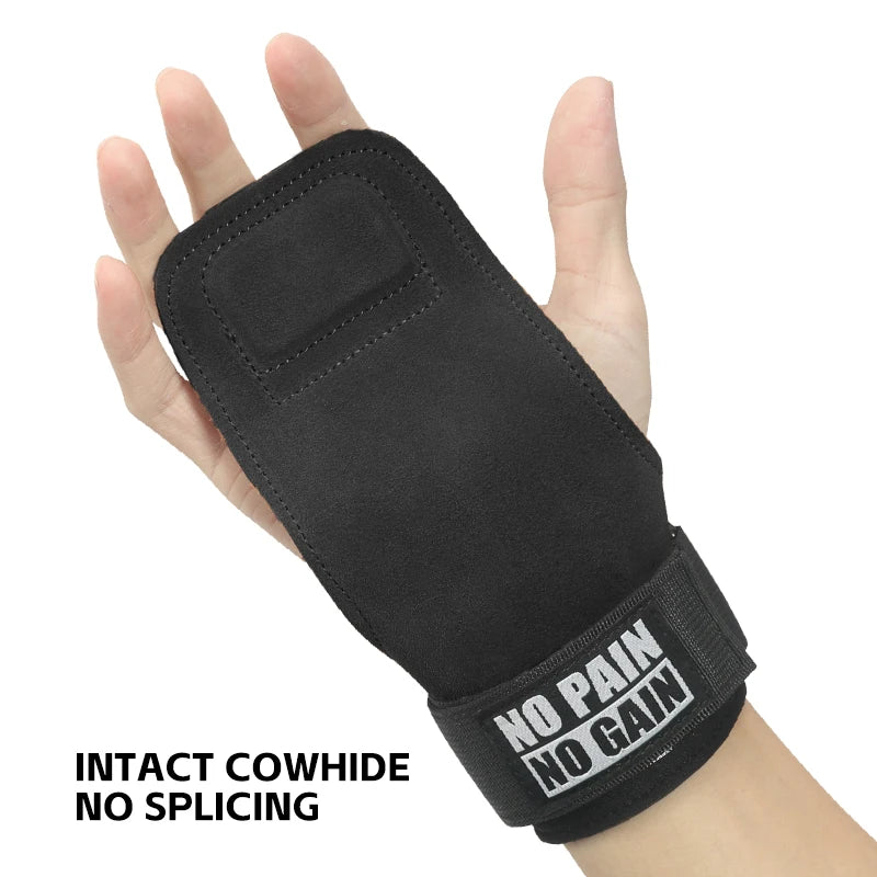Cowhide Gym Grips Gloves Weightlifting Fitness Pull Up Crossfit Workout Anti-Slip Wear-Resistant Palm Protection - Black