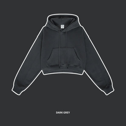 ZODF Chic Sexy Women Super-short Fleece Cropped Hoodies Girl Female Hip Hop Loose 345gsm Solid Hooded Pullover Streetwear HY0340