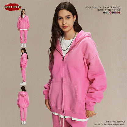 ZODF Retro Winter Men Spray-Dyed Zipper Hoodies Unisex Loose 360gsm Zipper Fleece Hooded Sweatshirt Pullovers Coats HY0719
