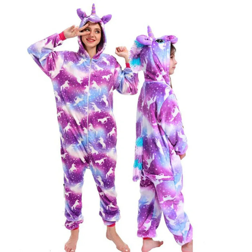 Pink Kigurumi Unicorn Pajamas for Family Set Outfits Cute Winter Flannel Soft Warm Children Pyjamas Mommy and Me Matching Outfit