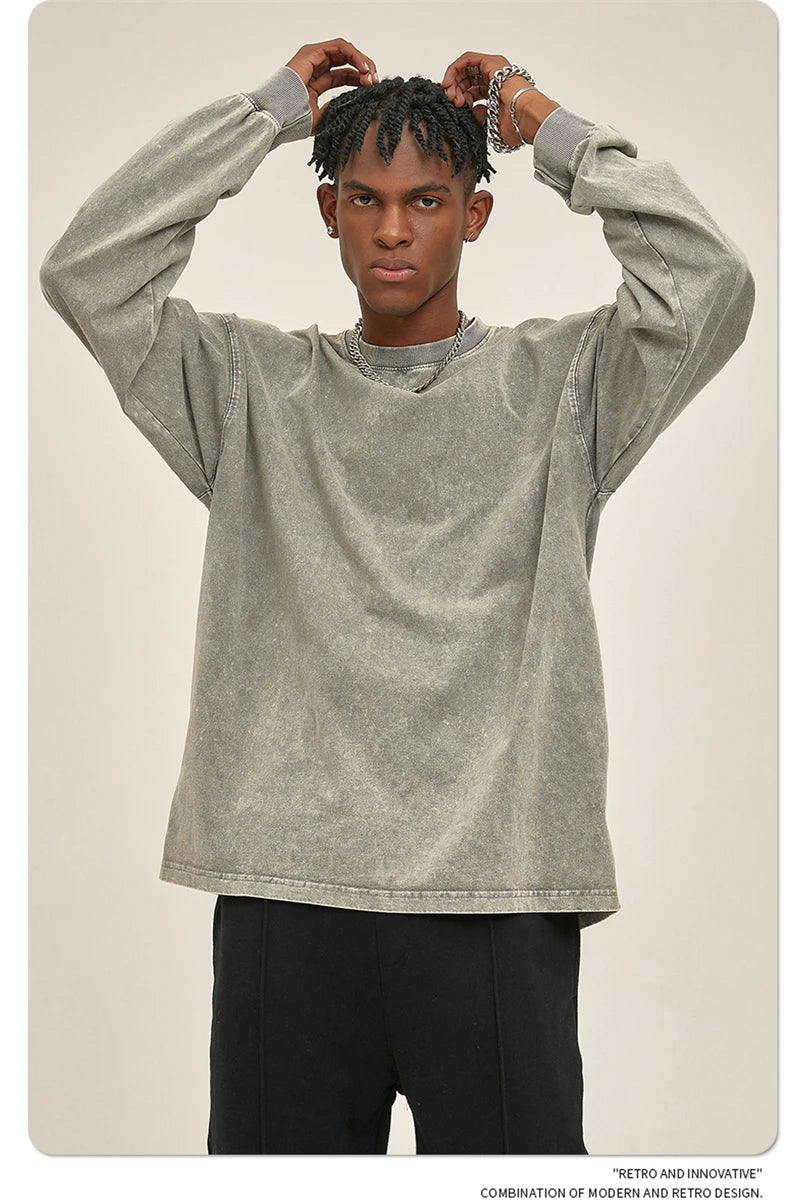 ZODF Retro Men Long Sleeve Washed Cotton T Shirt Unisex Loose 250gsm Basic Atumn TEES Tops Brand Streetwears HY0394