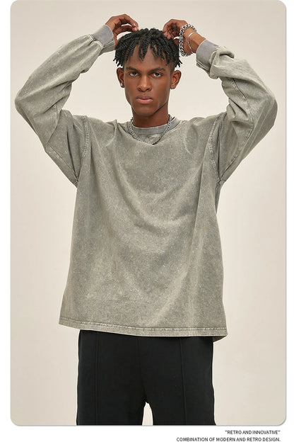 ZODF Retro Men Long Sleeve Washed Cotton T Shirt Unisex Loose 250gsm Basic Atumn TEES Tops Brand Streetwears HY0394