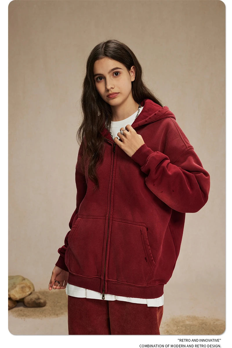 ZODF Retro Winter Men Spray-Dyed Zipper Hoodies Unisex Loose 360gsm Zipper Fleece Hooded Sweatshirt Pullovers Coats HY0719