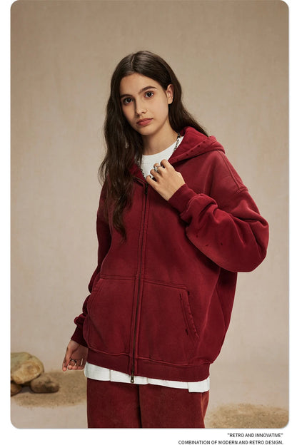 ZODF Retro Winter Men Spray-Dyed Zipper Hoodies Unisex Loose 360gsm Zipper Fleece Hooded Sweatshirt Pullovers Coats HY0719