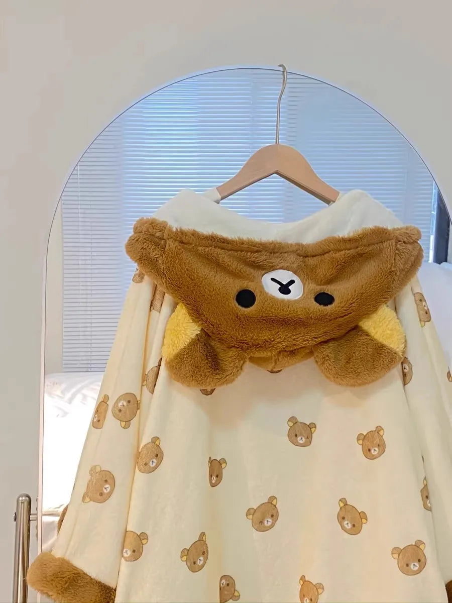 Rilakkuma Women'S Fleece-Lined Thickened Robe Coral Fleece Flannel Hooded Home Clothes Warm Nightgowns Casual Wear For Going Out