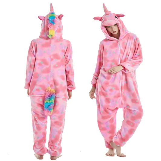 Pink Sleep Jumpsuit Woman Onesie Adults Pyjama Animal Plush Winter Warm Hooded Kigurumi Unicorn Pajamas Star Print Christmas Pjs