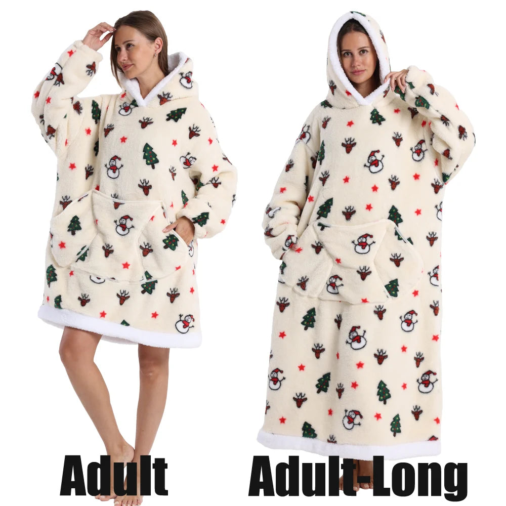 Short/Long Wearable Blankets Christmas Hoodies Winter Flannel Hooded Blanket with Full Sleeves Men Women Warm Adult TV Blanket