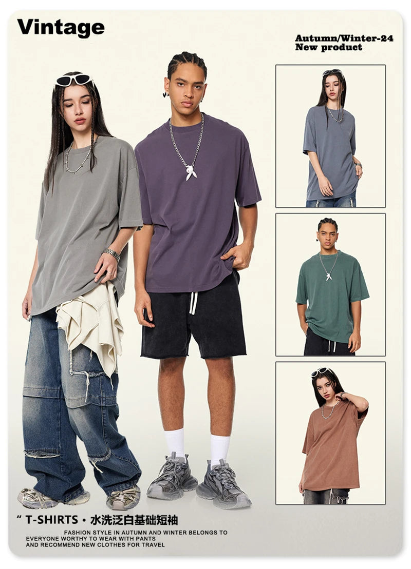 ZODF New Spring Summer 200gsm Washed Cotton T Shirts For Men Unisex Women Retro Casual Basic Solid T-Shirt Brand Tees HY0775