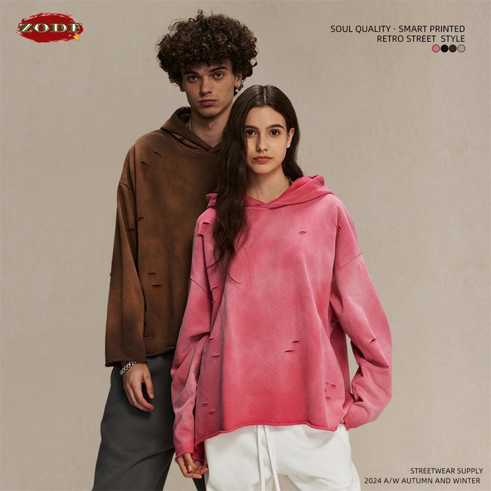 ZODF New Autumn Winter Men Monkey Washed Hoodies Unisex Disstressed Ripped Heavyweight Knitted 450gsm Hooded Pullovers HY0909