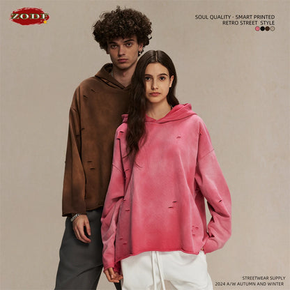 ZODF New Autumn Winter Men Monkey Washed Hoodies Unisex Disstressed Ripped Heavyweight Knitted 450gsm Hooded Pullovers HY0909