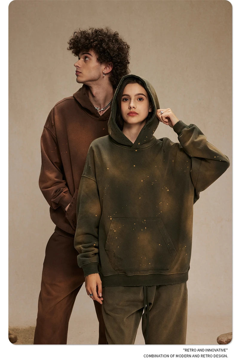 ZODF Autumn Winter Spray Dyeing Ink Splashing Hoodies For Men Unisex 450gsm Washed Oversized Knitted Hooded Pullovers HY0908