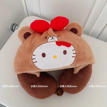 Kawaii Hello Kitty Neck Support Pillow with Hat Soft Plush Travel U-Shaped Pillow Nap Sleeping Cartoon Comfortable Journeys Girl