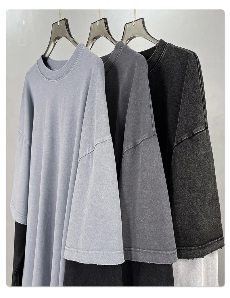 ZODF Retro Fake 2-Piece Cotton T-Shirts For Man Unisex Distressed Full Sleeve Washed O Neck T Shirt Brand Tees HY1156