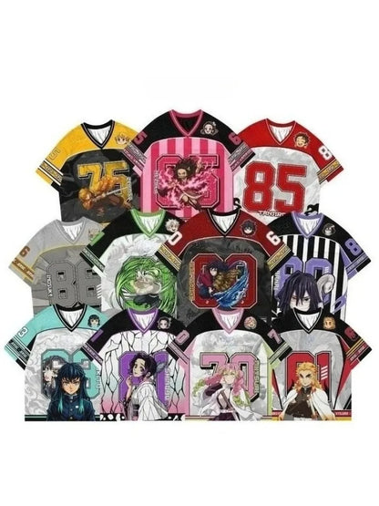Demon Slayer Anime Series Number Jersey Oversize Daily Unisex Tops Tees Retro Korean Style Kpop Baseball Hockey Outfit T-shirt