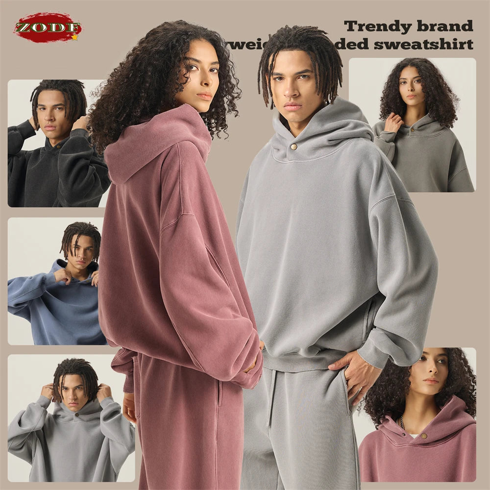 ZODF Vintage 350gsm Man Washed Boxy Fleece Hoodie Unisex Loose Ripped Warm Button Winter Hooded Pullovers Brand Clothing HY0053