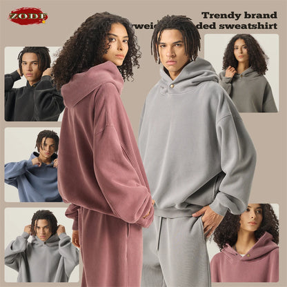 ZODF Vintage 350gsm Man Washed Boxy Fleece Hoodie Unisex Loose Ripped Warm Button Winter Hooded Pullovers Brand Clothing HY0053