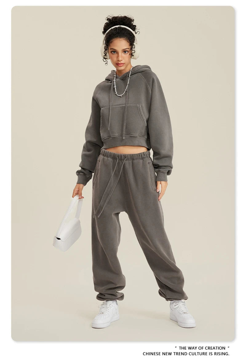 ZODF Women Hotsweet 2025 Winter Washed Fleece Crop Hoodies Girls Oversized Raglan Sleeve 400gsm Hooded Pullovers HY0648