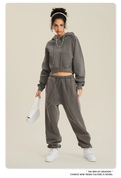 ZODF Women Hotsweet 2025 Winter Washed Fleece Crop Hoodies Girls Oversized Raglan Sleeve 400gsm Hooded Pullovers HY0648