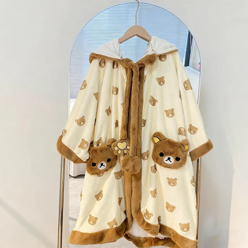 Rilakkuma Women'S Fleece-Lined Thickened Robe Coral Fleece Flannel Hooded Home Clothes Warm Nightgowns Casual Wear For Going Out