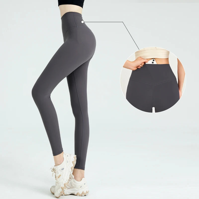 Naked Feel Yoga Leggings with Buttock Lifting and Hidden Waist Pockets – Women’s Gym Fitness Sportswear Tight - Gray