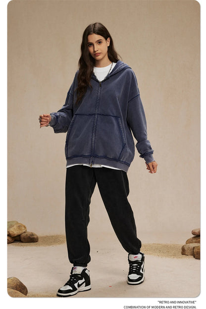 ZODF Retro Men's Heavyweight 450gsm Zipper Hoodies Unisex Loose Distressed Washed Batik Knitted Hooded Coat Jacket HY0889