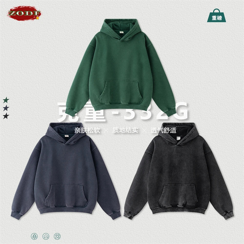 ZODF Retro Men’s Winter Washed Fleece Hoodie 360gsm Warm Knitted Loose Hooded Pullover Streetwear HY0887
