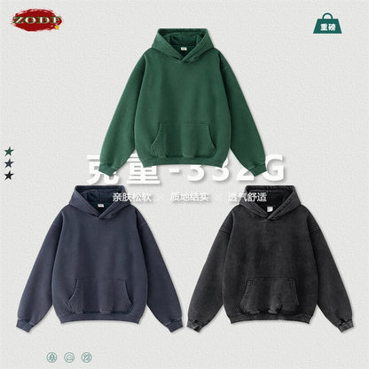 ZODF Retro Men’s Winter Washed Fleece Hoodie 360gsm Warm Knitted Loose Hooded Pullover Streetwear HY0887